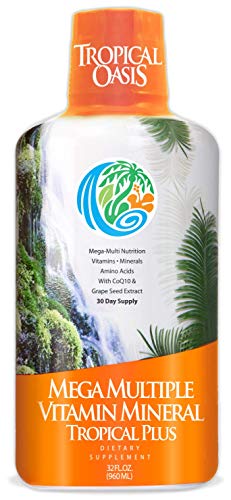 Product Cover Tropical Oasis Mega Plus - Liquid Multivitamin and Mineral Supplement Includes 85 Vitamins & Minerals, 20 Amino Acids + CoQ10, Grape Seed Extract & Organic Aloe Vera - 32oz, 32 servings