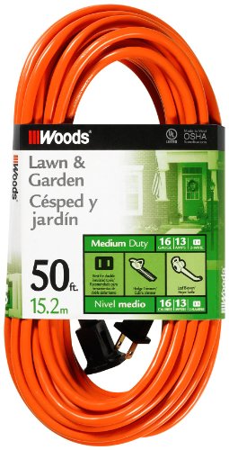 Product Cover Woods 0723 16/2 SJTW General Purpose Extension Cord, Medium Duty, Ideal for Landscaping and Powering Appliances, Water Resistant Flexible Vinyl Jacket, Durable Molded Plug, 50 Foot, Orange