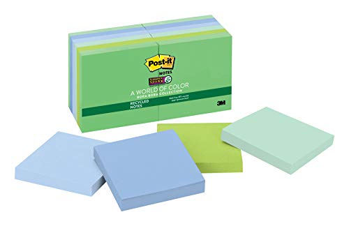 Product Cover Post-it Recycled Super Sticky Notes, 2x Sticking Power, 3 in x 3 in, Bora Bora Collection, 12 Pads/Pack (654-12SST)