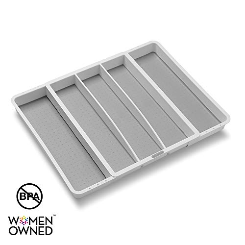 Product Cover madesmart Expandable Utensil Tray-White | Classic Collection | 5-Compartments | Kitchen Organizer | Soft-Grip Lining and Non-Slip Rubber Feet | Easy to Clean | BPA-Free