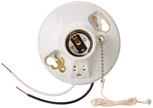 Product Cover Leviton 9726-C2 One-Piece Glazed Porcelain Outlet Box Mount Incandescent Lampholder, Pull Chain, Top Wired, White