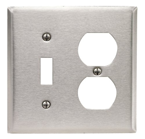 Product Cover Leviton 84005-40 2-Gang 1-Toggle 1-Duplex Device Combination Wallplate, Standard Size, Device Mount, Stainless Steel