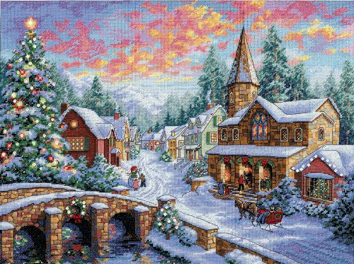 Product Cover Dimensions Gold Collection Counted Cross Stitch Kit, Holiday Village Christmas Cross Stitch, 16 Count Dove Grey Aida, 12'' x 16''