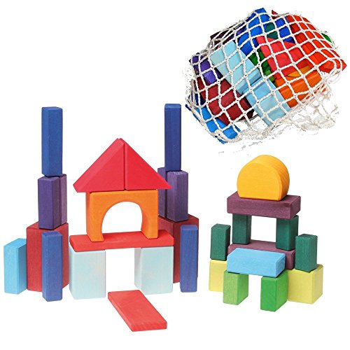 Product Cover Grimm's Colored Rainbow Geo-Blocks - Classic Wooden Building Blocks Set with Net Bag, 30 Pieces