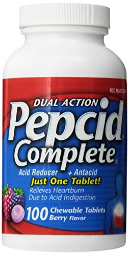 Product Cover Pepcid Complete Dual Action Acid Reducer and Antacid Berry Flavored Chewable Tablets 100 Count Bottle