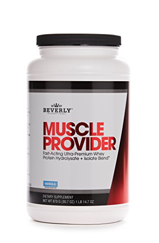 Product Cover Beverly International Muscle Provider, 30 servings, Vanilla. Super-fast-absorbing whey protein for rapid recovery, lean muscle, fat loss. Fills your muscles, not your stomach. Tastes like ice cream!