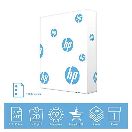 Product Cover HP Printer Paper Office 20lb, 8.5 x 11, 3 Hole Punched, 1 Ream, 500 Sheets, Made in USA, Forest Stewardship Council Certified Resources, 92 Bright, Acid Free, Engineered For HP Compatibility, 113102R