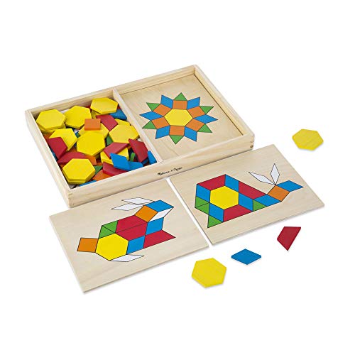 Product Cover Melissa & Doug Pattern Blocks and Boards Classic Toy, Developmental Toy, Wooden Shape Blocks, Double-Sided Boards, 120 Shapes & 5 Boards, 4.318 cm H x 21.59 cm W x 33.274 cm L