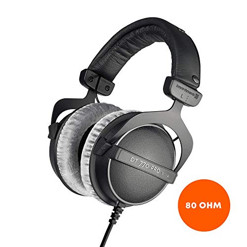 Product Cover beyerdynamic DT 770 PRO 80 Ohm Over-Ear Studio Headphones in black. Enclosed design, wired for professional recording and monitoring