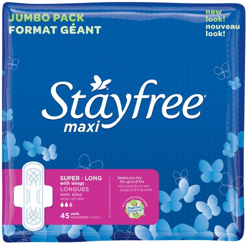 Product Cover Stayfree Maxi Pads, Super Long with Wings, 45 Count (Pack of 4)