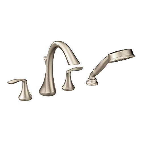 Product Cover Moen T944BN Eva Two-Handle Deck Mount Roman Tub Faucet Trim Kit with Single Function Handshower, Valve Required, Brushed Nickel