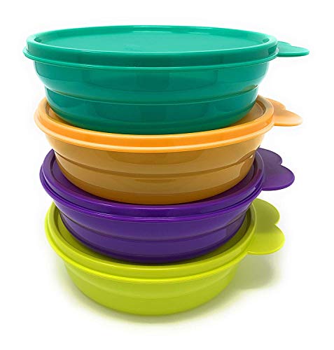 Product Cover Tupperware Microwaveable Cereal Bowl Set: Passion Fruit Purple, Parrot Green, Goldenberry Orange, and Toucan Teal