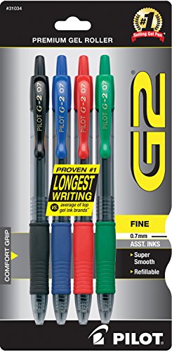 Product Cover Pilot G2 Retractable Premium Gel Ink Roller Ball Pens, Fine Point, 4-Pack, Assorted Colors, Black/Blue/Red/Green -31034