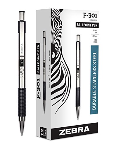 Product Cover Zebra F-301 Ballpoint Stainless Steel Retractable Pen, Fine Point, 0.7mm, Black Ink, 12-Count (Packaging may vary)