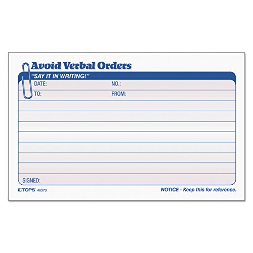 Product Cover TOPS Avoid Verbal Orders Book, 2-Part, Carbonless, White and Canary, 4.25 x 6.25 Inches, 50 Sets per Book (46373)