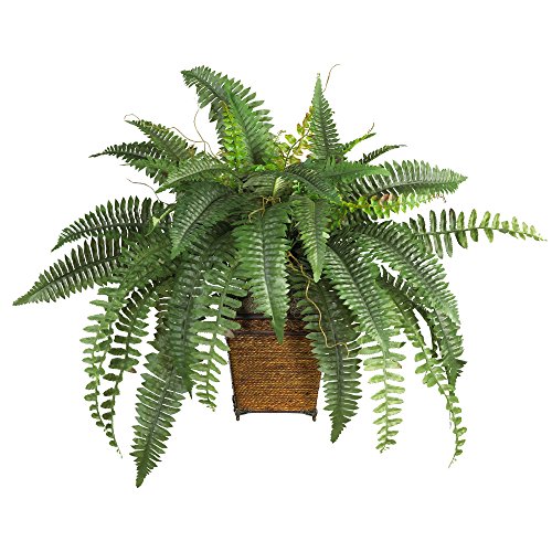 Product Cover Nearly Natural 6549 Boston Fern with Wicker Decorative Silk Plant, Green