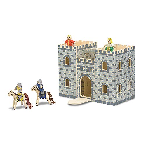 Product Cover Melissa & Doug Fold & Go Wooden Castle (Pretend Play Gray Dollhouse With Wooden Play Figures, Horses, Furniture, 12 Pieces, Great Gift for Girls and Boys - Best for 3, 4, 5, 6, and 7 Year Olds)