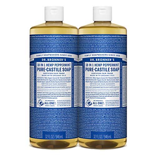Product Cover Dr. Bronner's - Pure-Castile Liquid Soap (Peppermint, 32 ounce, 2-Pack) - Made with Organic Oils, 18-in-1 Uses: Face, Body, Hair, Laundry, Pets and Dishes, Concentrated, Vegan, Non-GMO