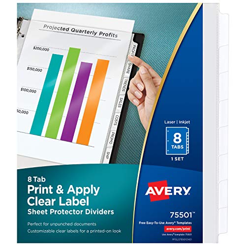 Product Cover Avery 8-Tab Sheet Protectors Dividers, Printable Easy Peel Clear Labels, Index Maker, White Tabs, 1 Set (75501)
