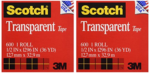 Product Cover Scotch Transparent Tape, Narrow Width, Engineered for Office and Home Use, 1/2 x 1296 Inches, 2 Rolls (600H2)
