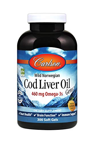 Product Cover Carlson - Cod Liver Oil, 460 mg Omega-3s, Wild-Caught Norwegian Arctic Cod-Liver Oil, Sustainably Sourced Nordic Fish Oil Capsules, Lemon, 300 Soft Gels