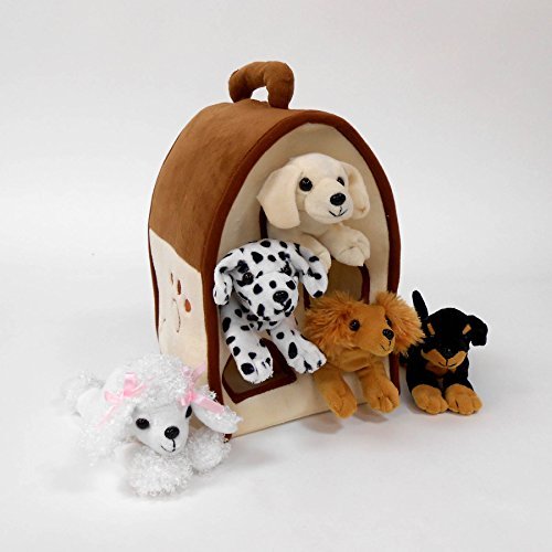 Product Cover Plush Dog House -Five (5) Stuffed Animal Dogs (Dalmation, Yellow Lab, Rottweiler, Poodle, Cocker Spaniel) in Play Dog House Carrying House