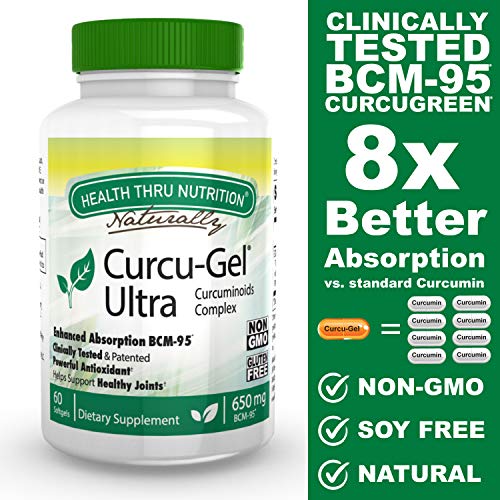Product Cover Curcu-Gel Ultra 650 mg BCM-95® (CURCUGREEN®) Enhanced Absorption Bio-Curcumin Complex (Soy-Free & Non-GMO) (500mg Total Curcuminoids with Essential Oils of Turmeric Rhizome) 60 Softgels ...