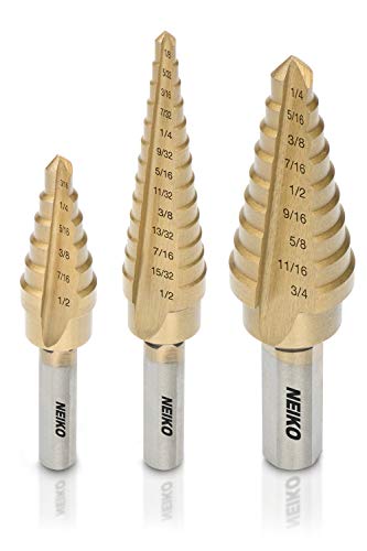Product Cover Neiko 10193A Titanium Step Drill Bit Set, High Speed Steel | 3-Piece Set | Total 28 Sizes