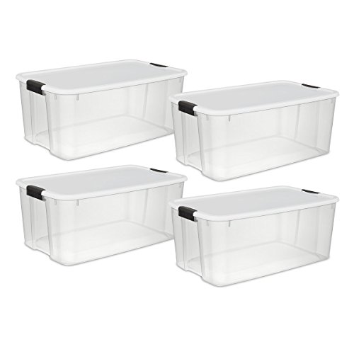 Product Cover Sterilite 19909804 116 Quart/110 Liter Ultra Latch Box, Clear with a White Lid and Black Latches, 4-Pack