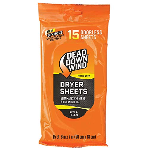 Product Cover Dead Down Wind Dryer Sheets | 15 Odorless Sheets | Odor Eliminator for Hunting Gear + Hunting Accessories | Anti-Static, Biodegradable Unscented Sheets | 1 Resealable Package