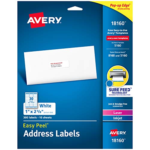 Product Cover Avery Mailing Address Labels, Laser & Inkjet Printers, 300 Labels, 1 x 2-5/8, Permanent Adhesive (18160), White
