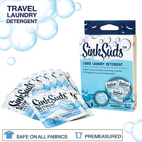 Product Cover SinkSuds Travel Laundry Detergent Liquid Soap + Odor Eliminator for All Fabrics Including Delicates, (TSA Compliant), 8 Sink-Packets (0.25 fl oz each)