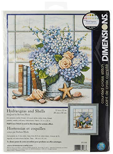 Product Cover Dimensions 'Hydrangeas and Sea Shells' Counted Cross Stitch Kit, 14 Count White Aida, 11