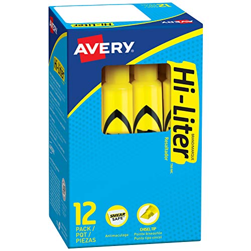 Product Cover Avery Hi-Liter Desk-Style Highlighters, Smear Safe Ink, Chisel Tip, 12 Yellow Highlighters (07742)