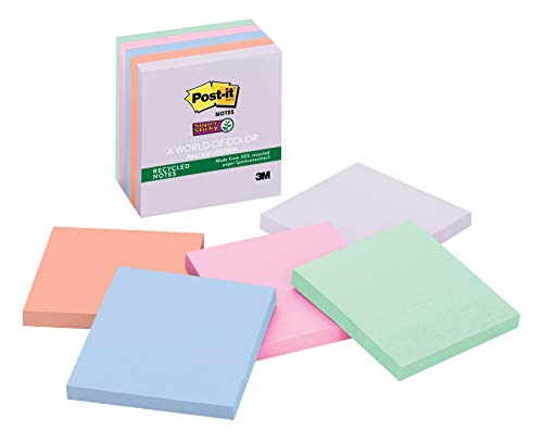 Product Cover Post-it Recycled Super Sticky Notes, 2x Sticking Power, 3 in x 3 in, Bali Collection, 5 Pads/Pack (654-55SNRP)
