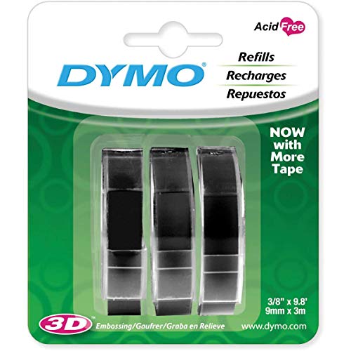 Product Cover DYMO 3D Plastic Embossing Labels for Embossing Label Makers, White Print on Black, 3/8'' x 9.8', 3-roll Pack (1741670)