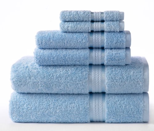 Product Cover COTTON CRAFT Ultra Soft 6 Piece Towel Set Light Blue, Luxurious 100% Ringspun Cotton, Heavy Weight & Absorbent, Rayon Trim - 2 Oversized Large Bath Towel 30x54, 2 Hand Towel 16x28, 2 Wash Cloth 12x12