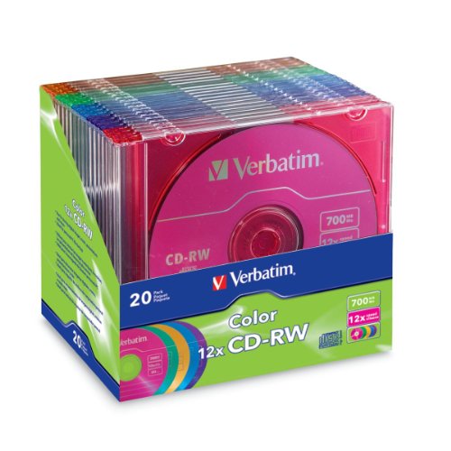 Product Cover Verbatim CD-RW 700MB 2X-12X Color Rewritable Media Disc - 20 Pack Slim Case