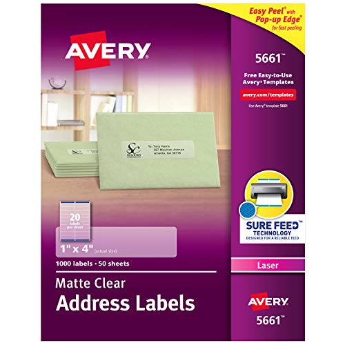 Product Cover Avery Easy Peel Clear Address Labels for Laser Printers, 1 x 4 Inch, Box of 1000 (5661)
