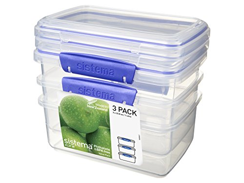 Product Cover Sistema KLIP IT Rectangular Collection Food Storage Container, 33.8 oz./1.0 L, Clear/Blue, 3 Count