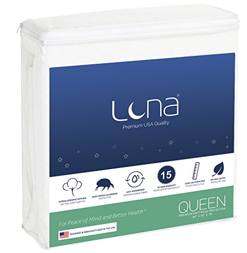 Product Cover Luna Queen Size Premium Hypoallergenic Waterproof Mattress Protector - Made in The USA - Vinyl Free
