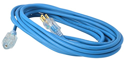 Product Cover Woods 2434 16/3 Outdoor Cold-Flexible SJTW Extension Cord, Blue with Lighted End, 25-Foot