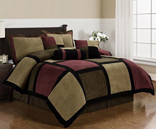 Product Cover Chezmoi Collection Micro Suede Patchwork 7-Piece Comforter Set, King, Brown/Burgundy/Black