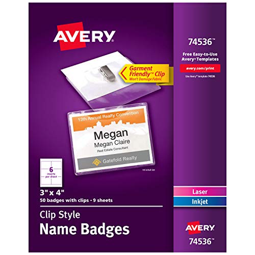 Product Cover Avery Garment Friendly Clip Style Name Badges, 3 x 4 Inches, White, Side-Loading, Box of 50 (74536)