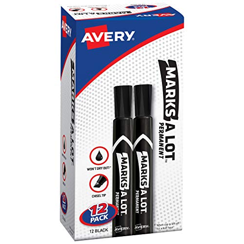 Product Cover Avery Marks-A-Lot Permanent Markers, Large Desk-Style Size, Chisel Tip, Water and Wear Resistant, 12 Black Markers (98028)