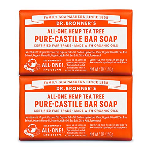 Product Cover Dr. Bronner's - Pure-Castile Bar Soap (Tea Tree, 5 ounce, 2-Pack) - Made with Organic Oils, For Face, Body, Hair and Dandruff, Gentle on Acne-Prone Skin, Biodegradable, Vegan, Non-GMO