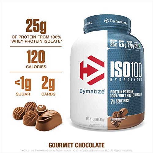 Product Cover Dymatize ISO100 Hydrolyzed Protein Powder, 100% Whey Isolate Protein, 25g of Protein, 5.5g BCAAs, Gluten Free, Fast Absorbing, Easy Digesting, Gourmet Chocolate, 5 Pound