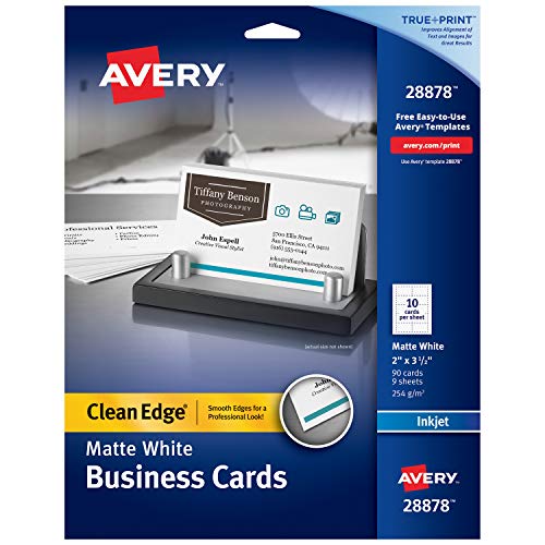 Product Cover Avery Printable Business Cards, Inkjet Printers, 90 Cards, 2 x 3.5, Clean Edge, Heavyweight (28878), White