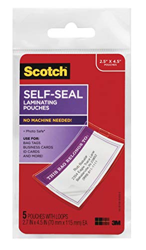 Product Cover 3M Scotch Self-Sealing Laminating Pouches, Bag Tags with Loops, Glossy, 5 Pouches (LS853-5G) - LS8535G