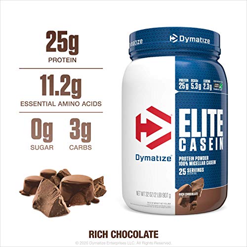 Product Cover Dymatize Elite Casein Protein Powder, Slow Absorbing with Muscle Building Amino Acids, 100% Micellar Casein, 25g Protein, 5.4g BCAAs & 2.3g Leucine, Helps Overnight Recovery, Rich Chocolate, 2 Pound